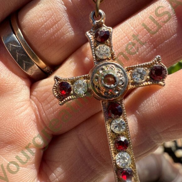 Costume Grade Goldtone Paste Stanhope Cross Necklace - Picture 3 of 6